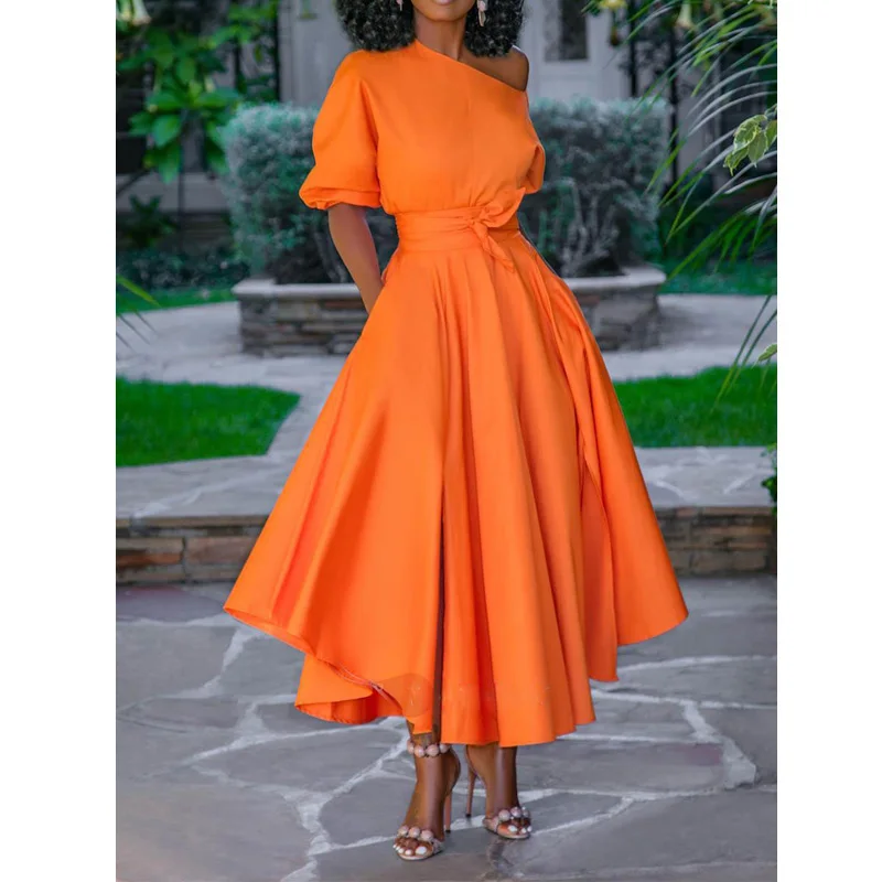 

New Fashion Summer Orange Color women long dress Elegant Oblique collar off shoulder slim wasit Party dress