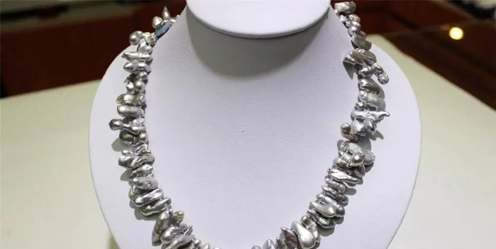 

FREE SHIPPING>>>@@ > Gray keshi rebom freshwater pearl necklace 7x17mm-8x21mm 18INCH Alloy "handmade" a(5.18)