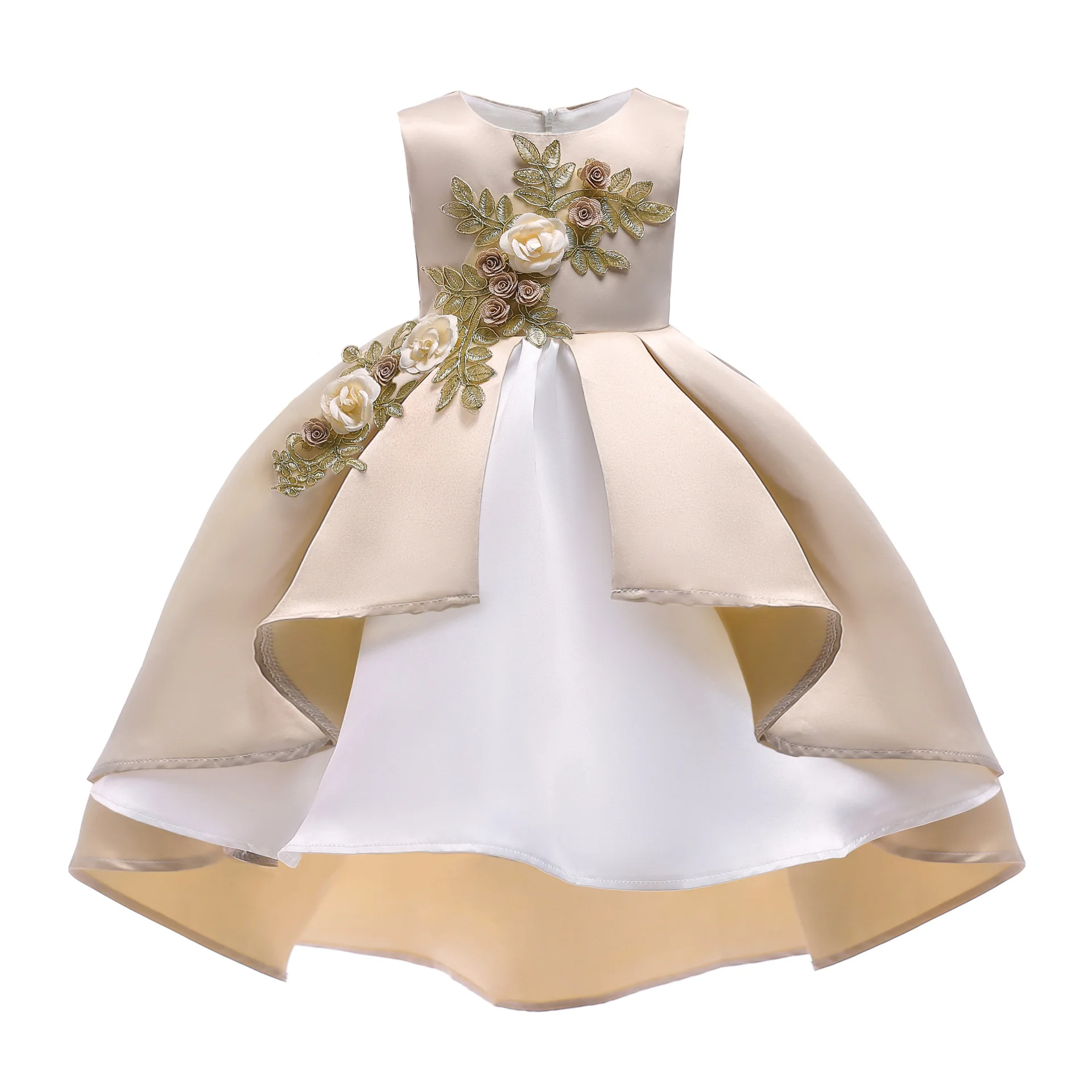 

6 Colors Satin Gold Flower Embroidery Party Dresses for Girls 3T-10 Years