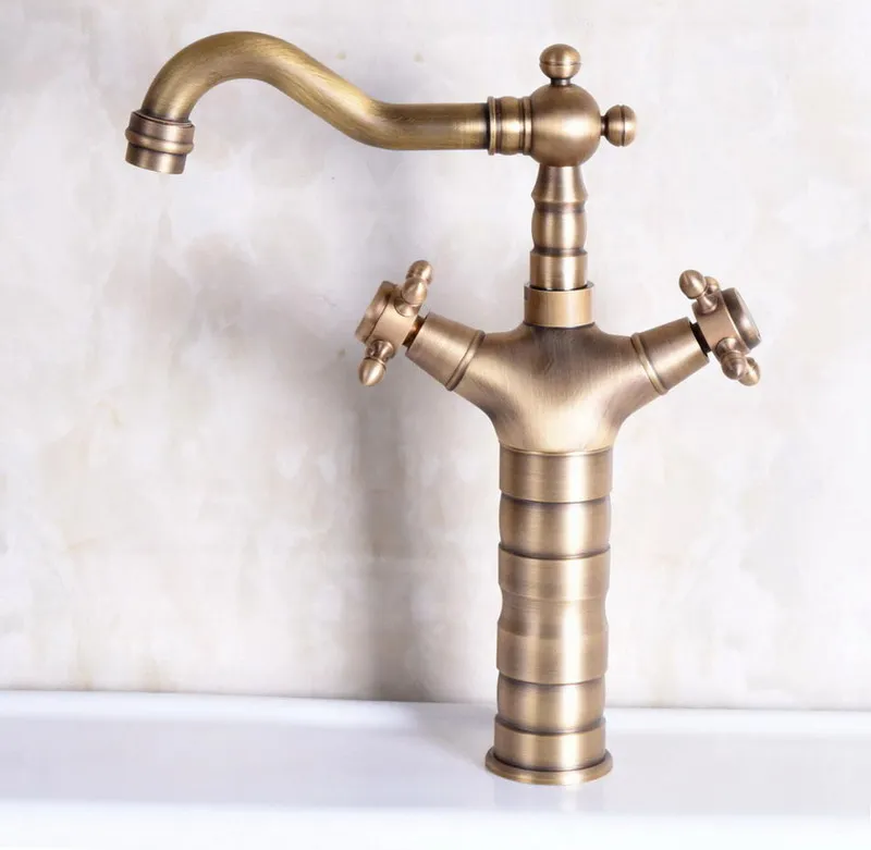 Single Hole Antique Brass Double Cross Handles Swivel Spout Kitchen Sink Bathroom Vessel Basin Faucet Mixer Tap anf246