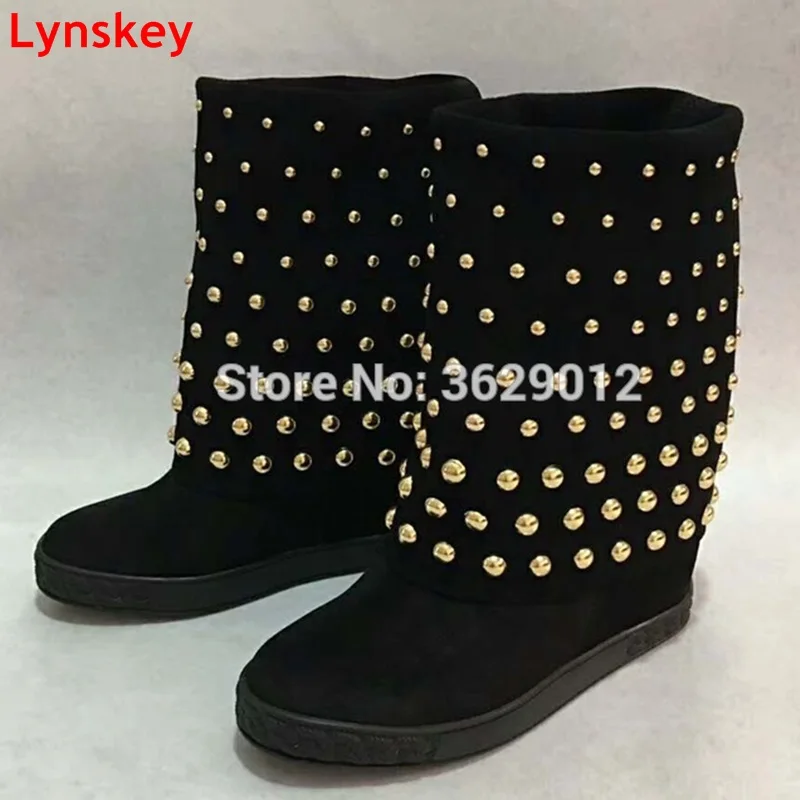 

Lynskey Ladies Height increasing Women boots High heels Platform Rivets Studded Mid-calf Boots Sapatos Femininos