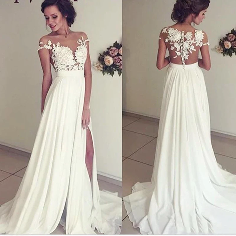 Sexy Simple Lace Long Chiffon Evening Dresses Sheer Back Illusion