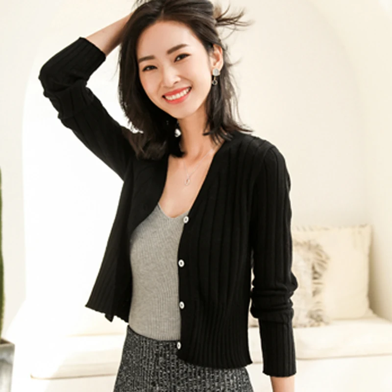 Spring summer tops for women 2019 cashmere buckle knit cardigan vertical strip monochrome wool knit fashion casual Cardigan Spring summer tops for women 2019 cashmere buckle knit cardigan vertical strip monochrome wool knit fashion casual Cardigan