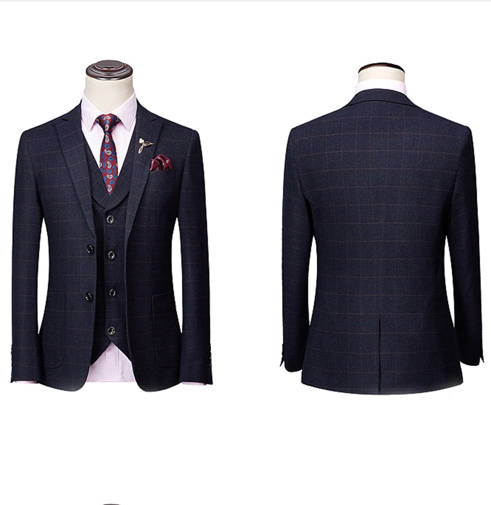 Men's Plaid Suit 3 Pieces Wool tweed Tuxedos Blazer Formal Groomsmen Suits(Blazer+Vest+Pants