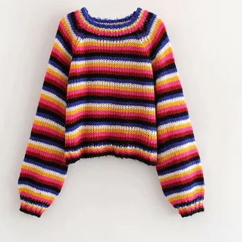 

Elegant women's 2018 autumn new women's fashion wild thin color striped sweater sweater