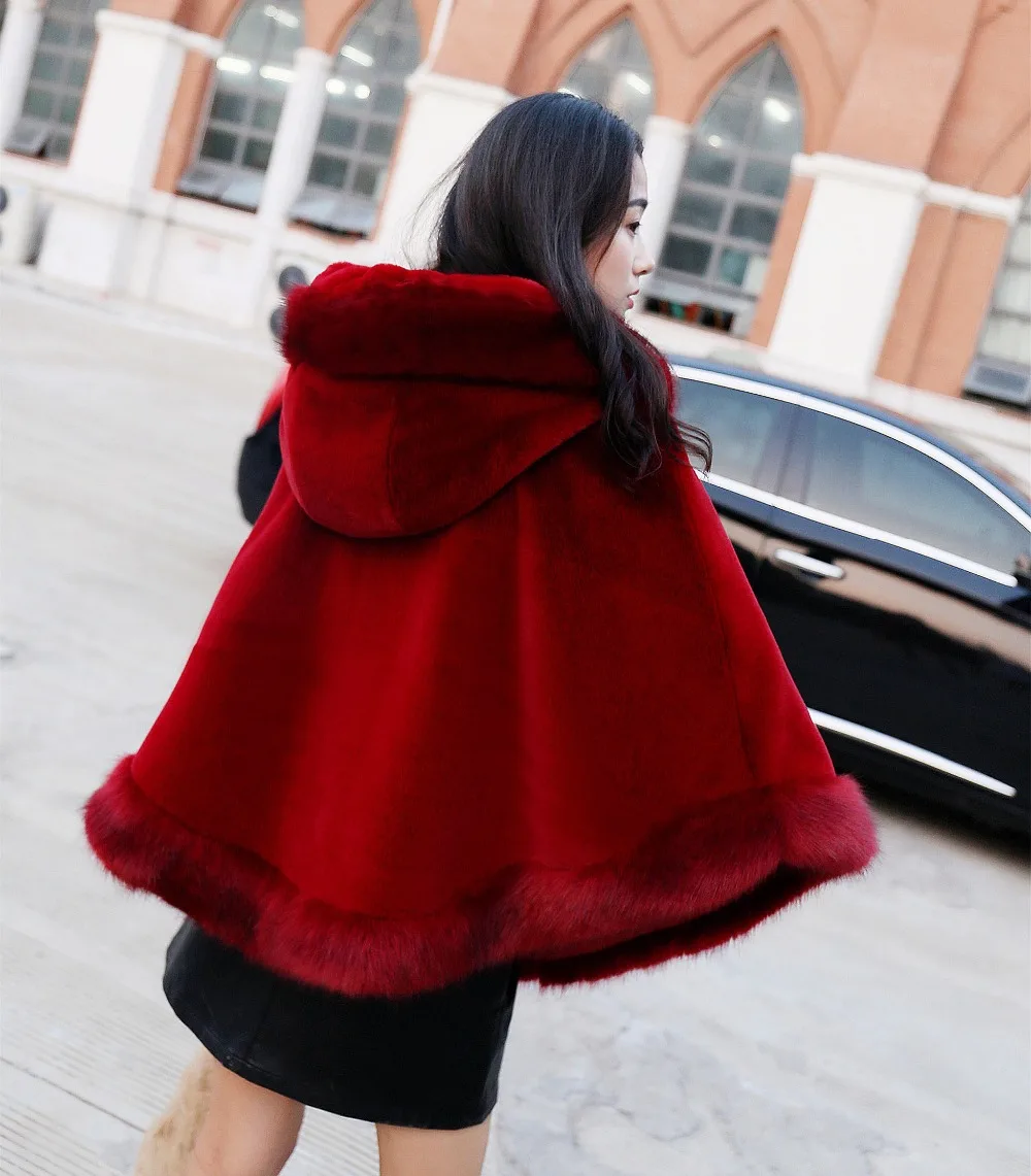 JaneVini New Hooded Short Fur Wrap Women Burgundy Bridal Shawl Faux Fur Bolero Black Party Wedding Coat with Hat Cape Chal Boda