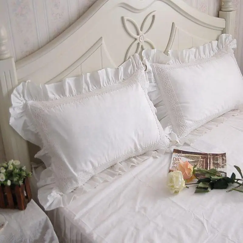 2Pcs White 100% Cotton Lace Ruffle Pillow Case - European Style Elegant Embroidered Pillowcase