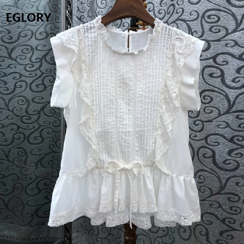 

High Quality Blouse Shirt 2019 Summer Fashion Tops Women Lace Embroidery Patchwork Ruffle Blouse White Pink Black Tops Vintage