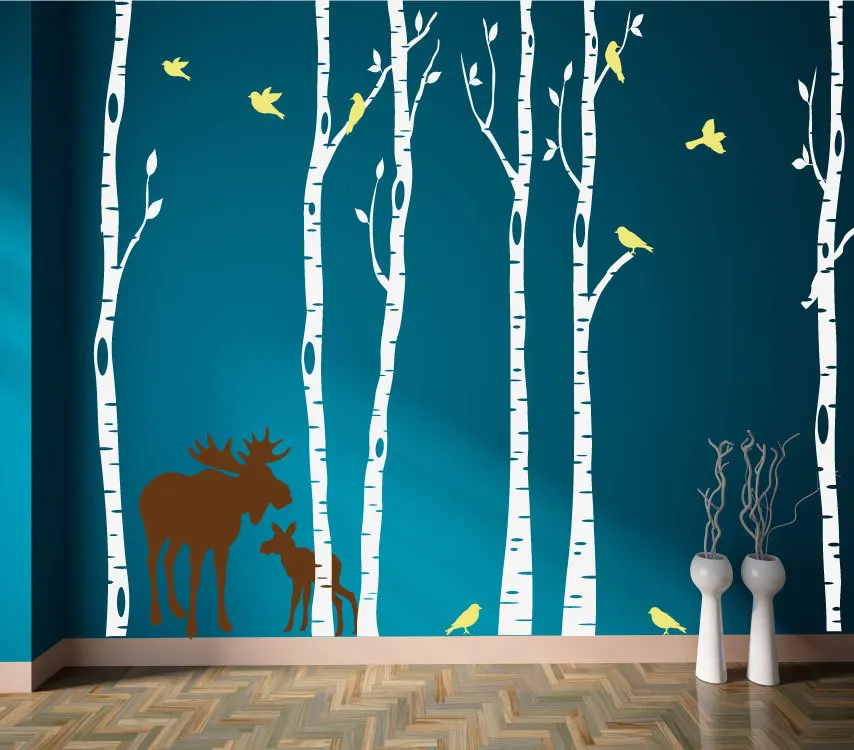 Березовые деревья Наклейка на стену с лосем и птицами огромное дерево наклейки на стену на лесную тему Декор для дома Наклейка для гостиной обои фрески A178