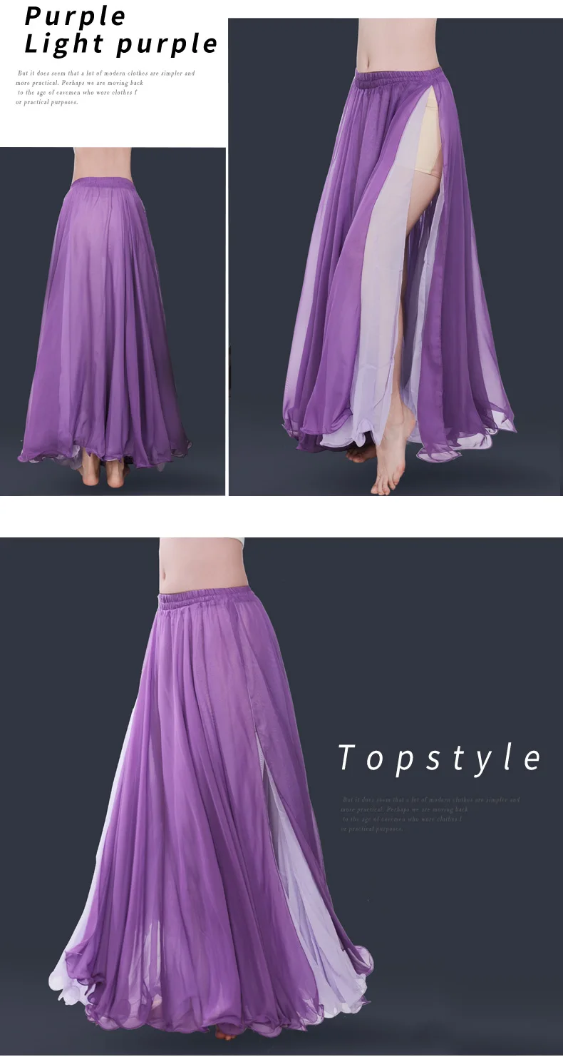 Новая Большая полная юбка для танца живота, профессиональное расширительное платье для танца живота, костюм для выступлений, 2 слота, двойной цвет, топ, шифоновые юбки