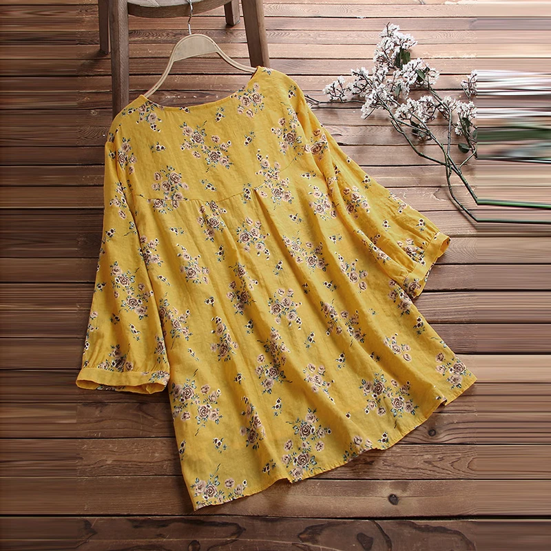 Hot Sale Beautiful Women Blouse Baggy Floral 3/4 Sleeve Shirt Ladies Summer Casual Street Daily Loose Tunic Tops Crew Neck S-5XL