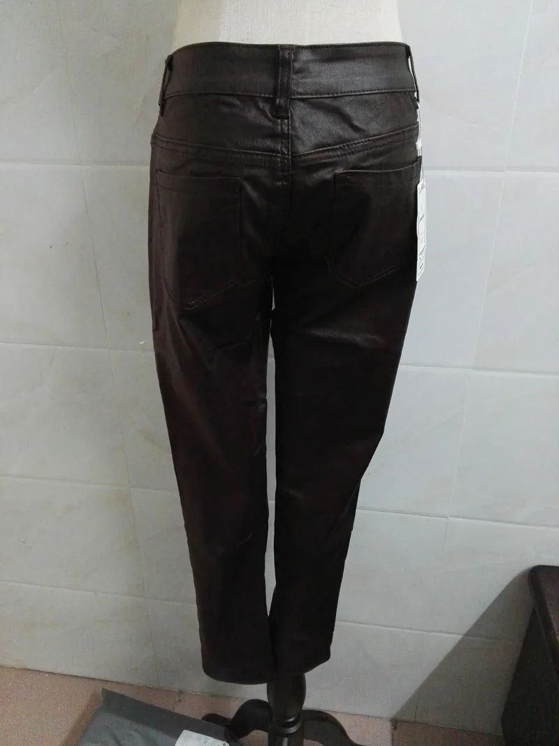 Женские Джинсы средней высоты с высокой талией, сексуальные эластичные джинсы из искусственной кожи, узкие брюки-карандаш, потертые джинсы с молнией