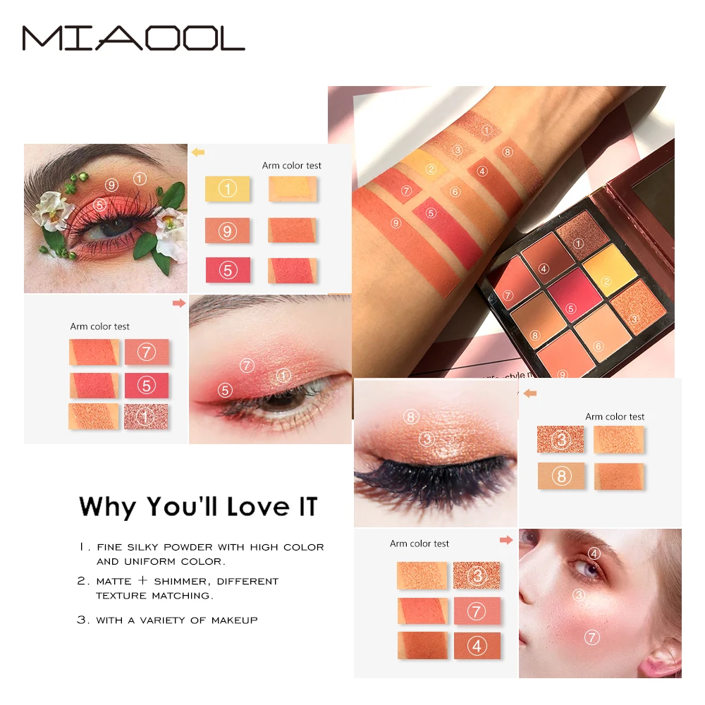 Miaool 9 цветов матовые мерцающие стойкие водостойкие тени для век Палитра
