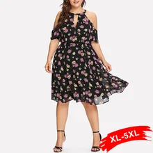 Платье размера плюс с открытыми плечами, Холтер, v-образный вырез, бохо, 3Xl 4Xl, Летние шифоновые платья средней длины с цветочным принтом, длина до колена, пляжные платья