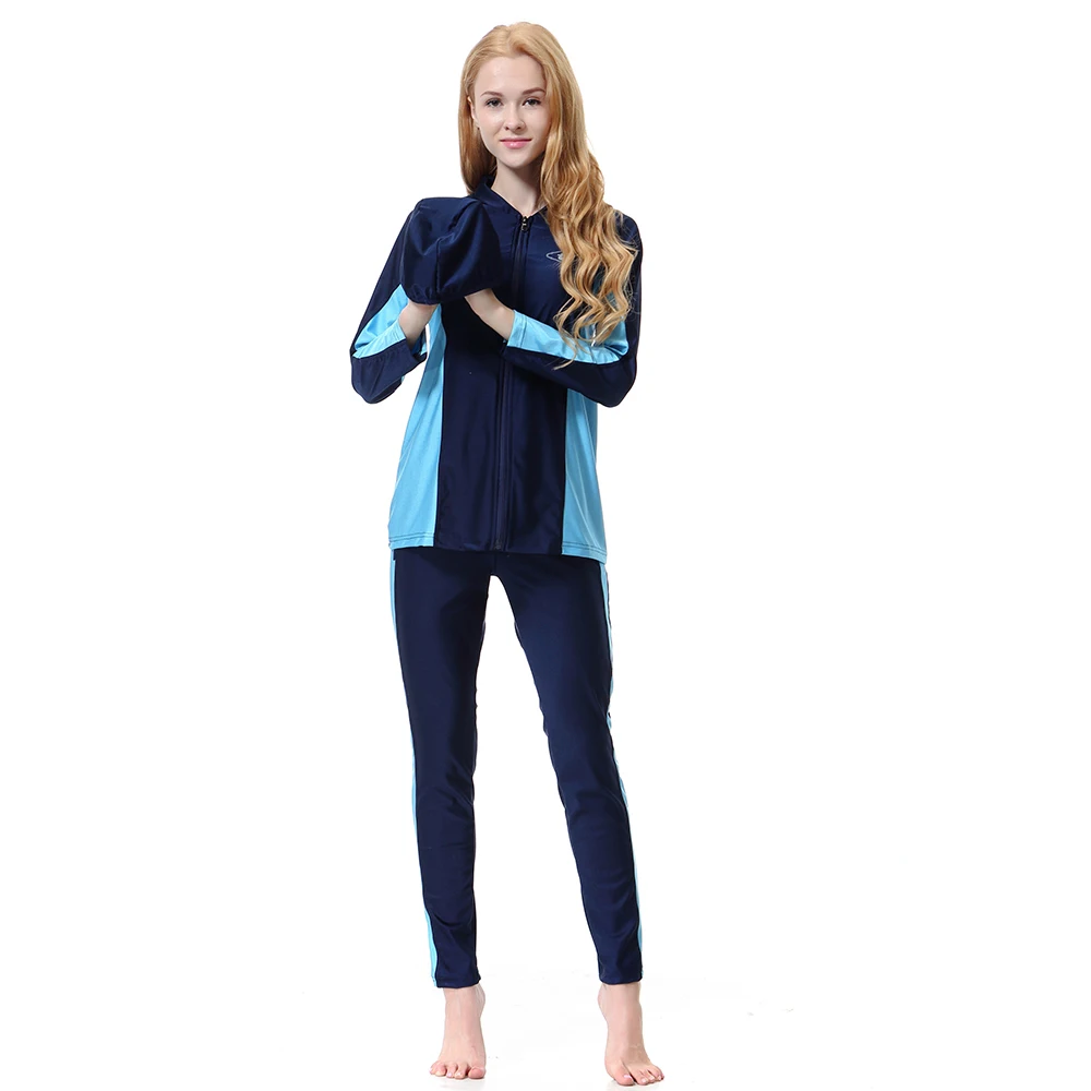 

Modesty Muslim Summer Swimwear Islamic Swimsuit Women Swimwear Zipper on Front Stitching Style with Hijab Cap