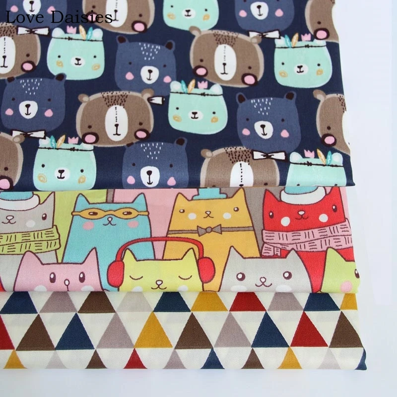 

100% Cotton Twill Cartoon NAVY Brown Bear Color Cat Yellow Grey Brown Tri angle Fabrics for Bedding Sheet Handwork Decor Apparel