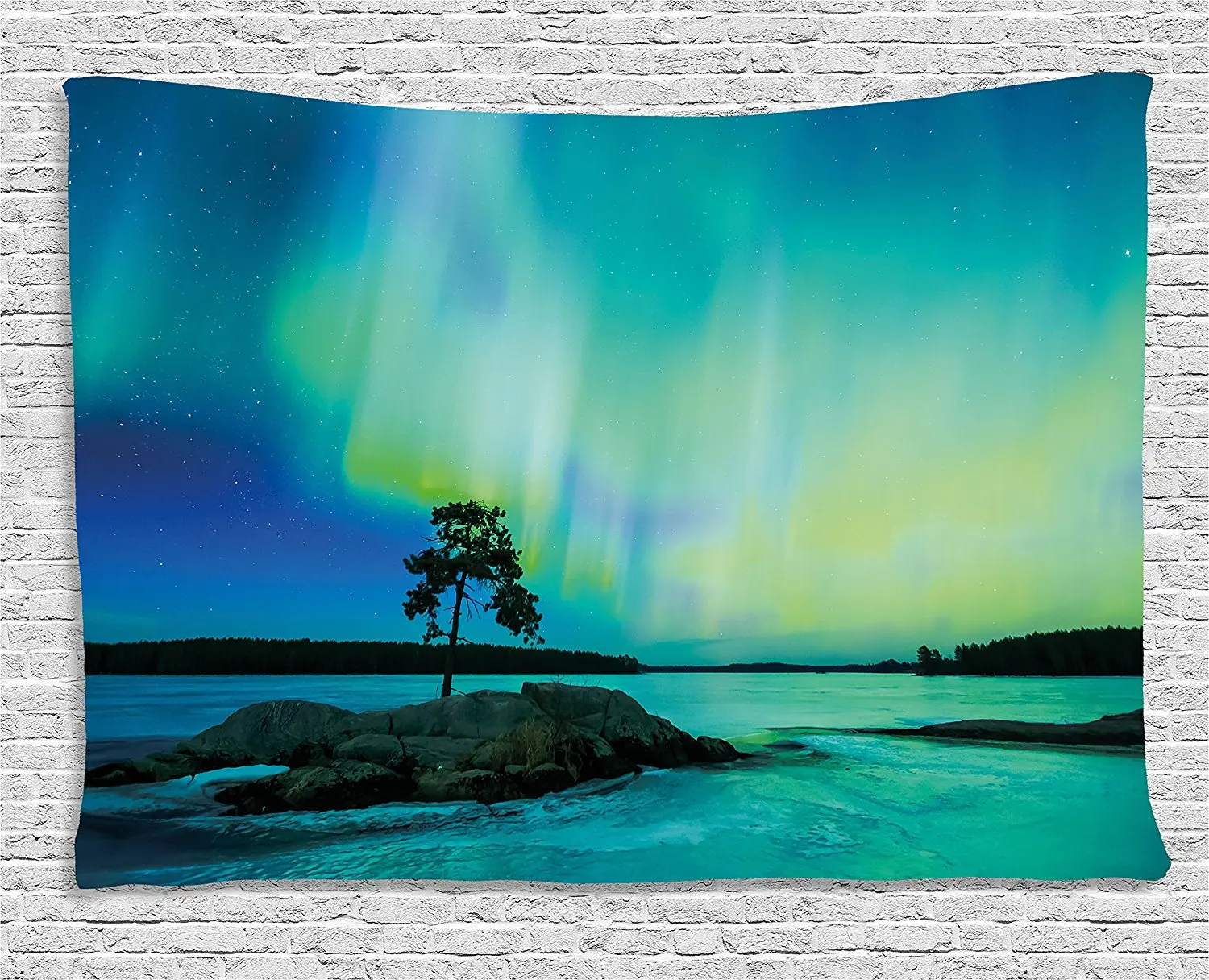 Northern Lights Tapestry Single Tree over Rocky Stone by River Borealis