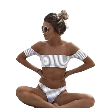 

Hot Women Swimsuits Off Shoulder Ruffles Striped Bikini Set Two Pieces Swimwear Beachwear Swimsuit
