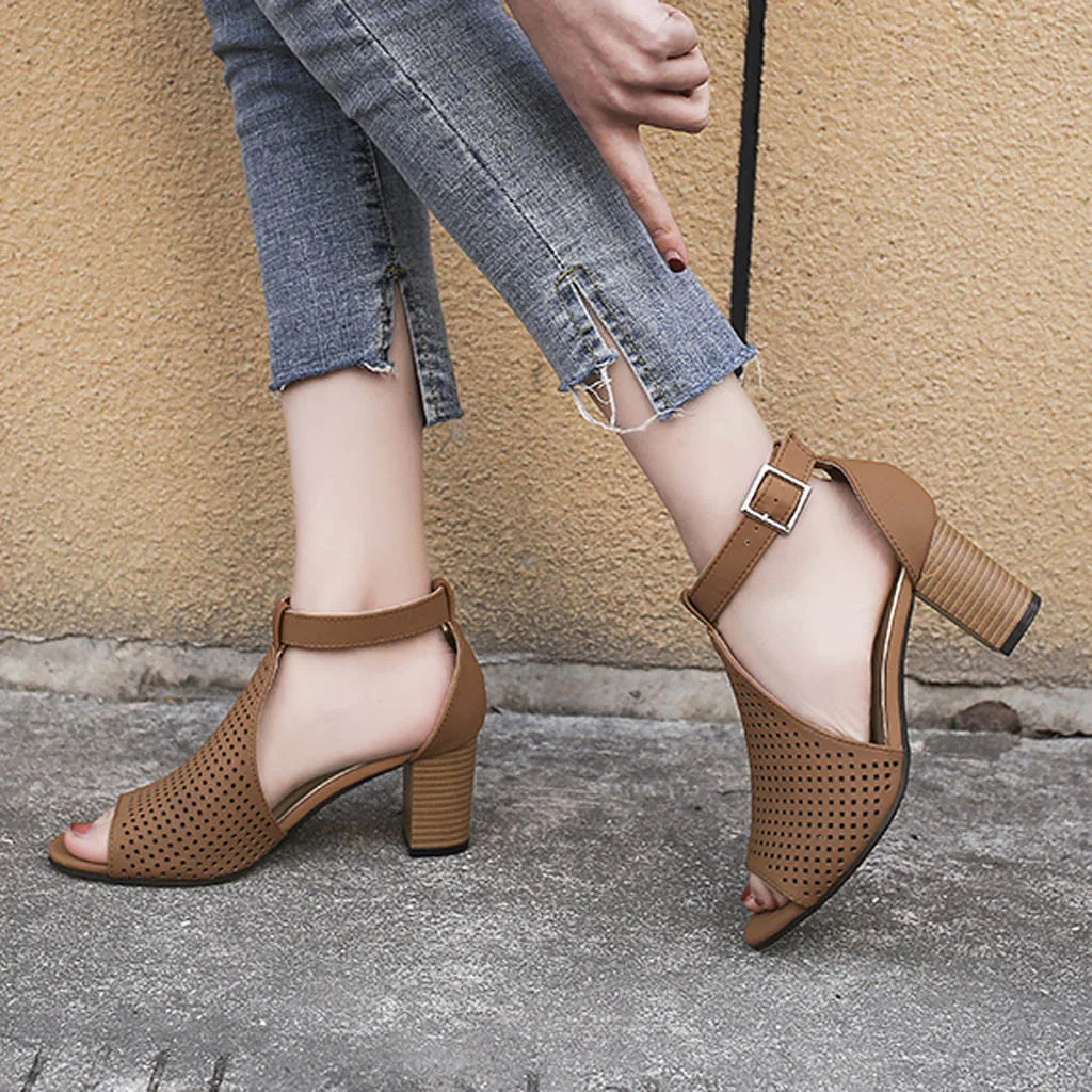 

Women's Ladies Square Heel Fish Mouth Hollow Out Buckle Roman Shoes Sandals