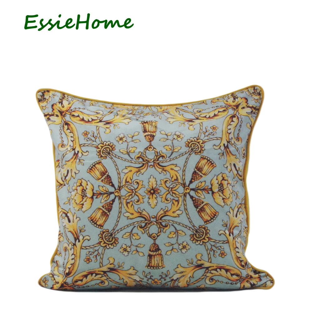 ESSIE, домашняя Бархатная подушка с принтом, с цепочкой, желтая рококо, стиль барокко, Мягкая Наволочка, наволочка, чехол для подушки, домашний декор