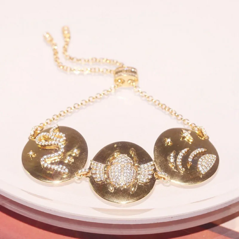 

Luxury 925 Sterling Silver Yellow Gold Color Three Round Snake Scarab Galaxy Bracelet Zirconia Stones Women Brand Design Jewelry