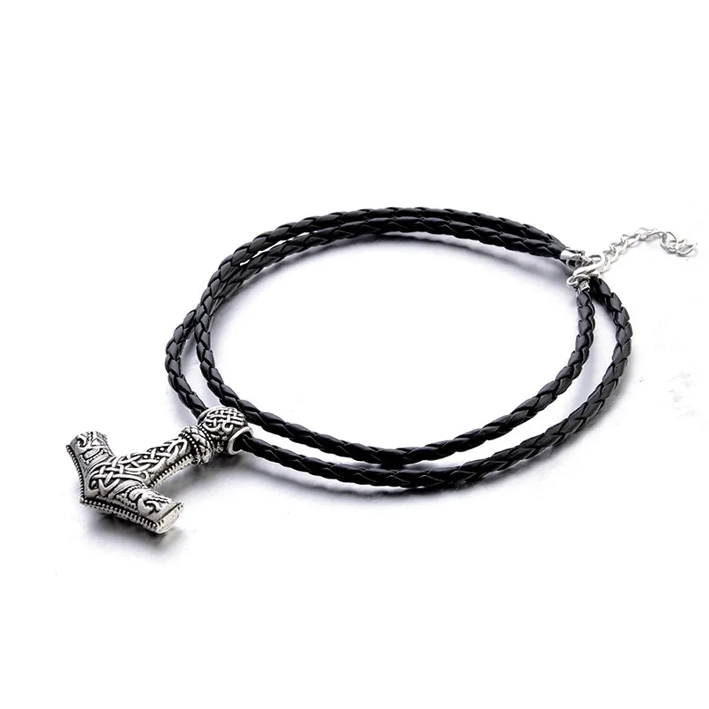 1pcs Norse Vikings Amulet PENDANT Necklaces Hammer Of Thor Mjolnir Pendant Leather Rope Necklaces Animal Knot Viking Jewelry