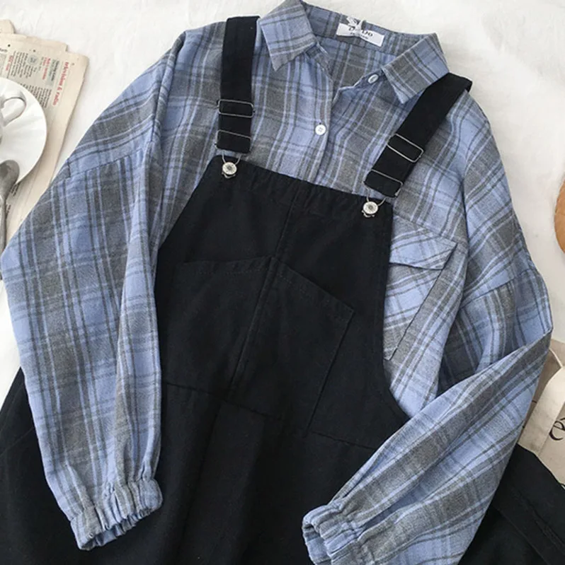 Harajuku повседневный комбинезон, женский летний комплект из двух предметов, модная Синяя Клетчатая блуза с длинным рукавом+ черные свободные длинные штаны, летний комплект