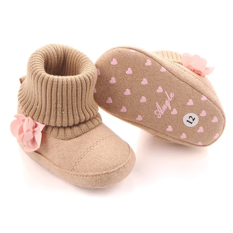 

Winter Super Warm Boot With Pink Floral Baby Ankle Snow Boots Infant Crochet Knit Fleece Baby Shoes For Boys Girls