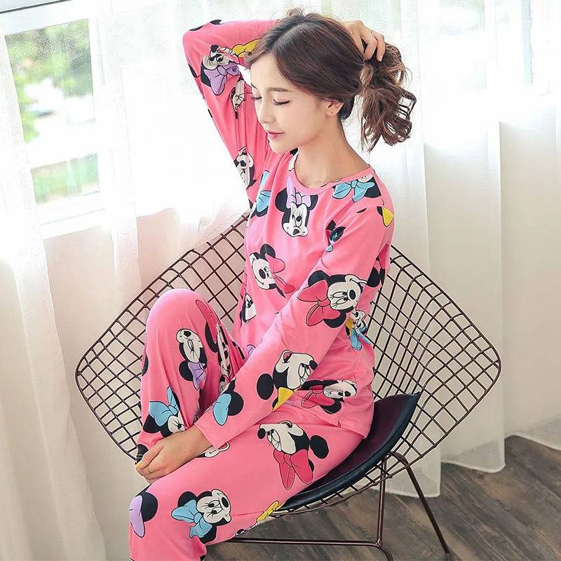

spring Autumn Pajamas Set Women Long Sleeve Cute cartoon print Sleepwear young Girl Pijamas Mujer Nightgown Thin casual homewear