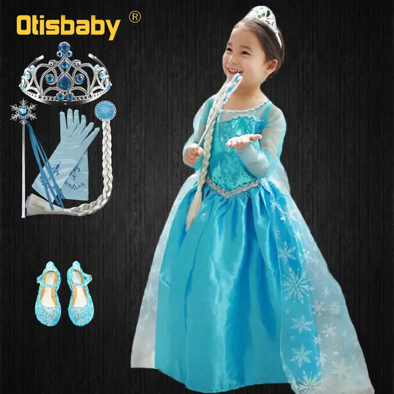 2018 Fairy Girl Elsa Dress Children Snow Queen Princess Magic Stick Crown Wig Crystal Shoes Cosplay Costume for Christmas | Детская