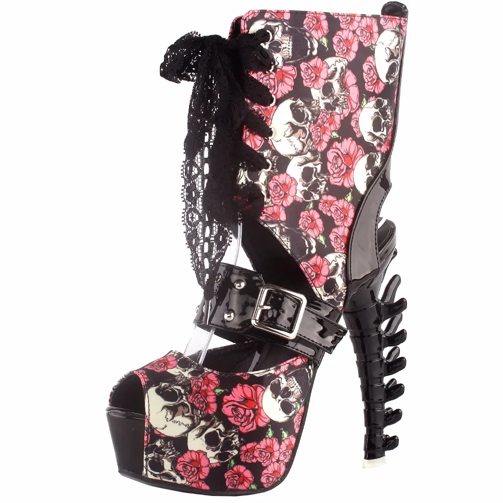 LF80663 SHOW STORY Punk Skull Rose Print Stud Buckle Lace UpPlatform Bone Heel Club Ankle Bootie