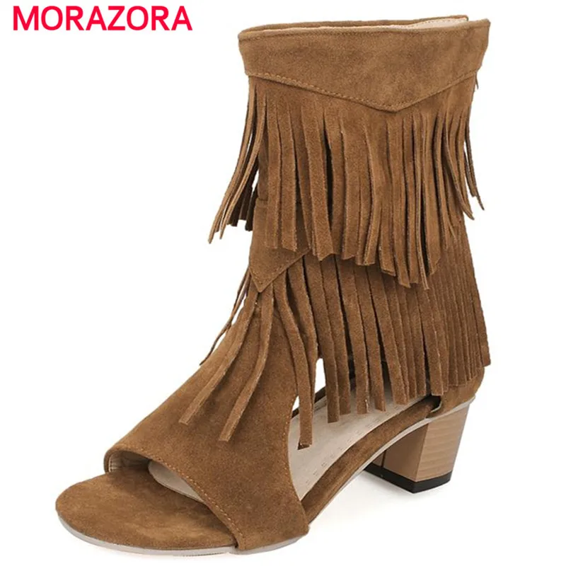 

MORAZORA Big size 34-45 peep toe women shoes hig heels tassel zipper ankle boots nubuck leather cool boots summer shoes
