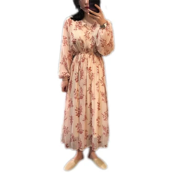 

2019 Summer Women Floral Print Chiffon Dress Female Lantern Sleeve Elastic Waist Vestidos Lady Elegant Ruffle Collar Dresses Y04