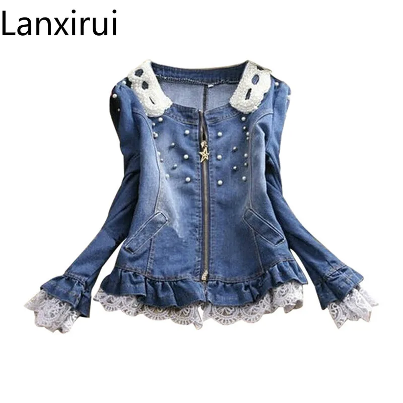 Fast Shipping Best Selling!Wholesale And Retail Ladies Lace Jeans Coat Pearl Collar Women Denim Jacket Female Cowboy Wear