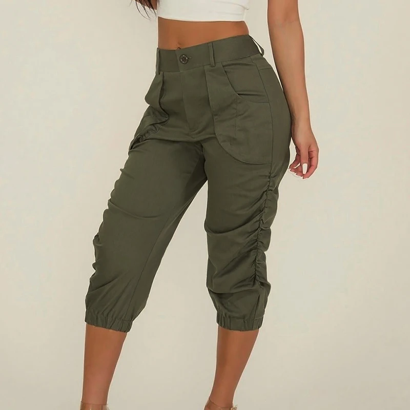 Pants Women Pleated Ladies Cropped Capri Pants Casual Summer Solid ...