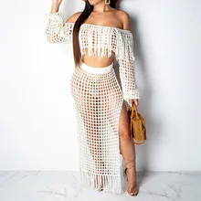 Женская сексуальная сетчатая Длинная пляжная юбка с бахромой, комплект с высокой талией, с длинным рукавом, с открытыми плечами, Женская юбка, набор, Летняя женская одежда