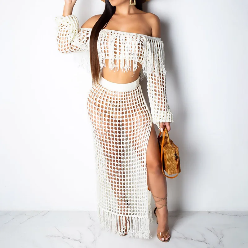 

Women's Sexy Mesh Fringed Long Beach Skirt Set High Waist Long Sleeve Off Shoulder Ladies Skirt Set 2019 Summer Female Clothes