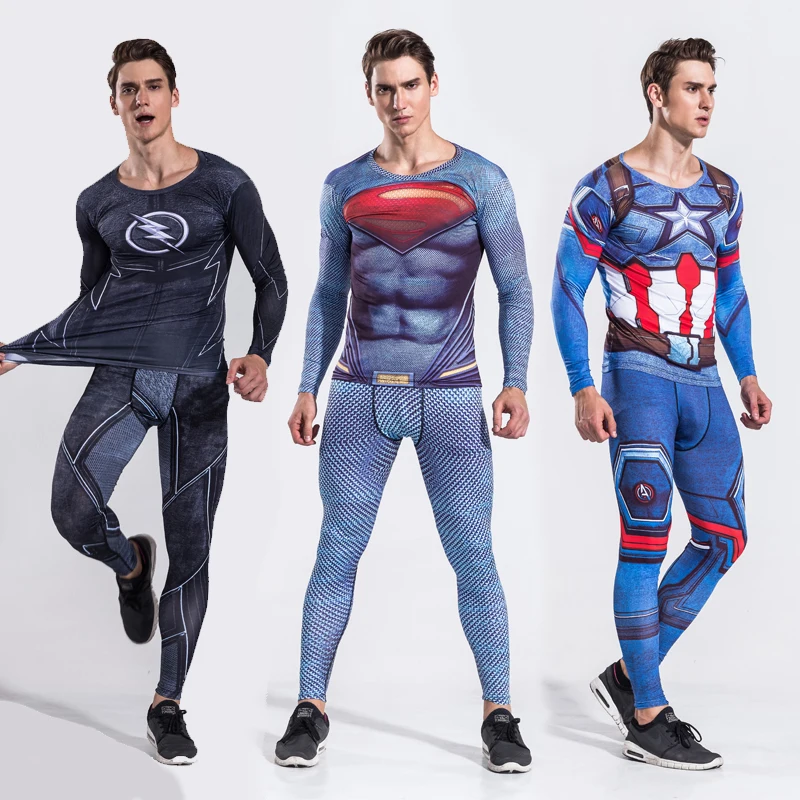 Мужские Avenger Капитан Америка комплект из двух предметов Косплэй Костюмы мужской Кроссфит футболка Фитнес Леггинсы наряд трусов Сжатия
