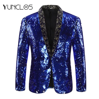 

YUNCLOS Blue Sequin Men Party Blazer Slim Fit Wedding Party Suit Jackets High Quality Blazer Jackets americana hombr