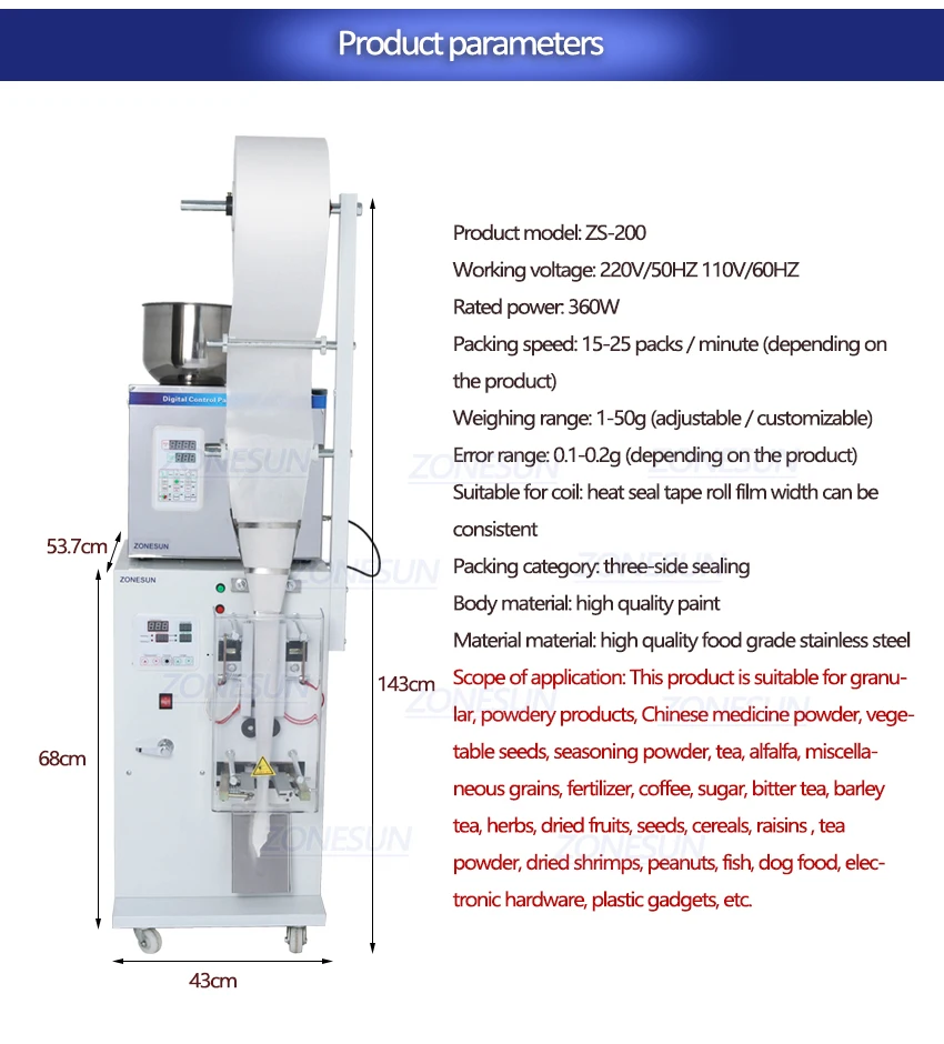 ZONESUN автоматическая упаковочная машина для взвешивания пищевых кофейных зерен, пакетик для порошка, трехсторонняя упаковочная машина с датой, принтер