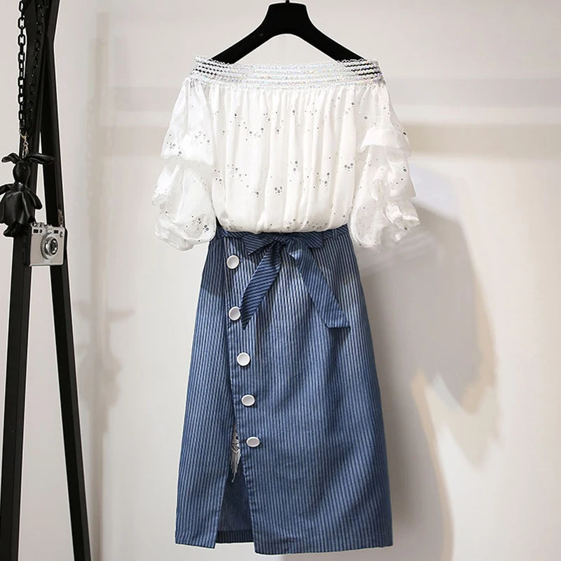 

2019 New Summer Fashion Elegant Women Striped Skirts Sets Two Piece Set Women Slash Neck Sequins Blouse And Split Skirt Suits