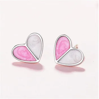 

100% 925 Sterling Silver Pink Heart Stud Earrings For Women Girls Gift Fashion Style Prevent Allergy Wedding Jewelry eh208