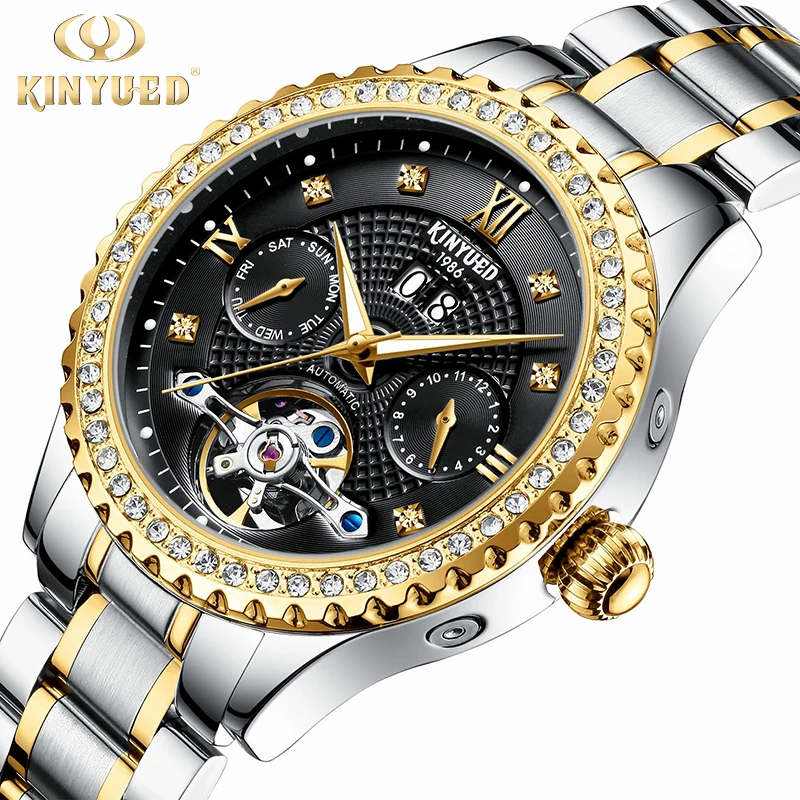 

KINYUED Top Brand Luxury Mens Automatic Mechanical Watches Gold Black Tourbillon Watch Men Auto Date relogio automatico homem