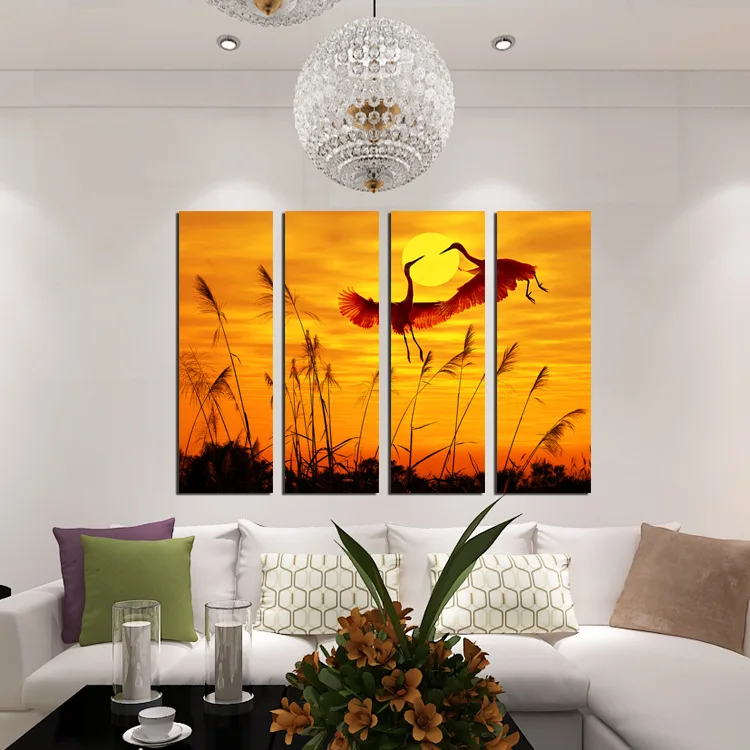 

HD painting four fight Sunset Red Crowned Crane landscape painting