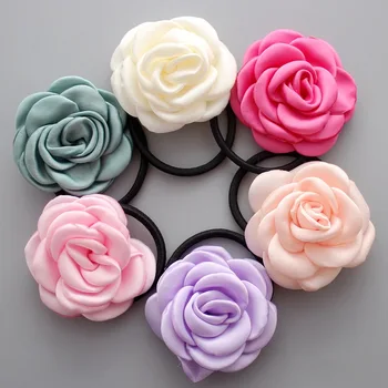 

Newest Korean curled satin rose Flower With hair tie Hair band 30pcs/lot Free shipping