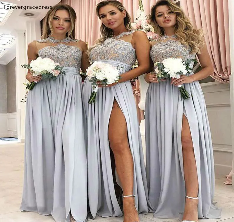 2019 Summer Country Bridesmaid Dresses A Line Sheer Neck Lace Appliques Chiffon Skirt Split Maid of Honor Gowns Plus Size 89 (2)