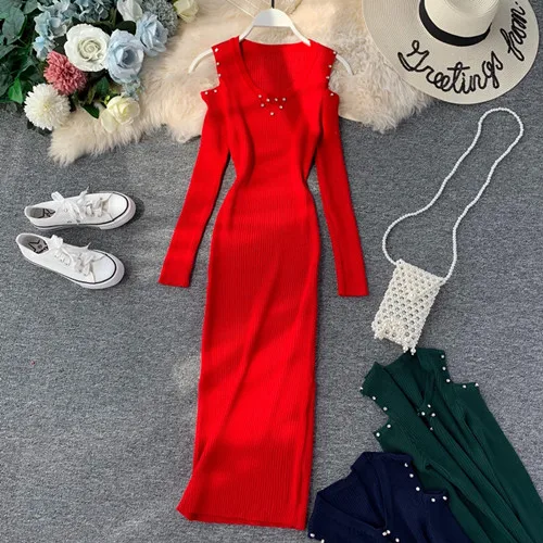 Винтажное тонкое осеннее платье с v-образным вырезом и открытыми плечами, зимний облегающий вязаный свитер, длинное платье миди, вечерние элегантные женские платья - Цвет: Red
