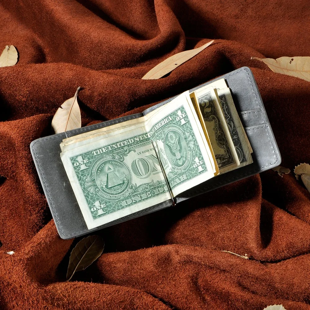 Мужской дизайнерский серый тонкий кошелек из натуральной кожи, передний карман, зажим для денег, мини кошелек для банкнот для мужчин 1098-g