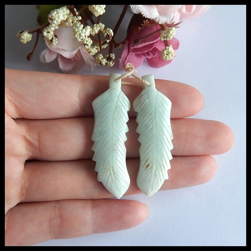

Wholesale Semi-precious stones Jewelry accessories Natural Amazonite carved Feather Earring set,45x13x4mm,8.6g