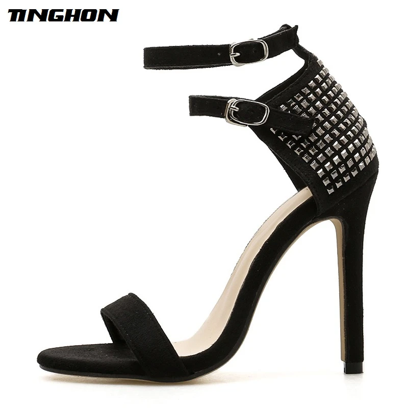 

TINGHON New Fashion Sexy Rivet High Heels Women Line Style Buckle Thin High Heels Black Faux Suede Open Toe Dress Sandals 35-40